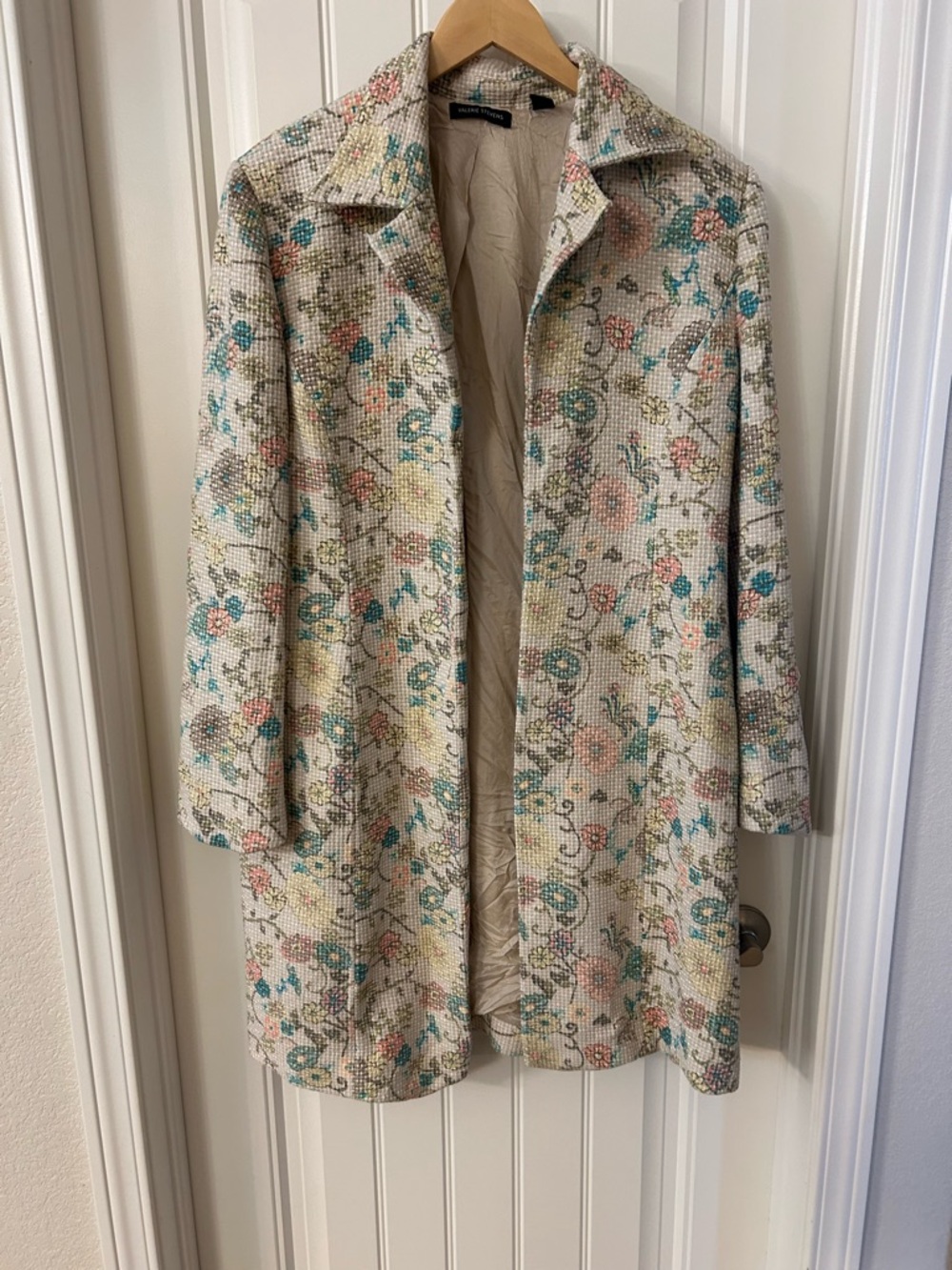 Valerie Stevens Floral Beige Trench Coat with Pastel Accents